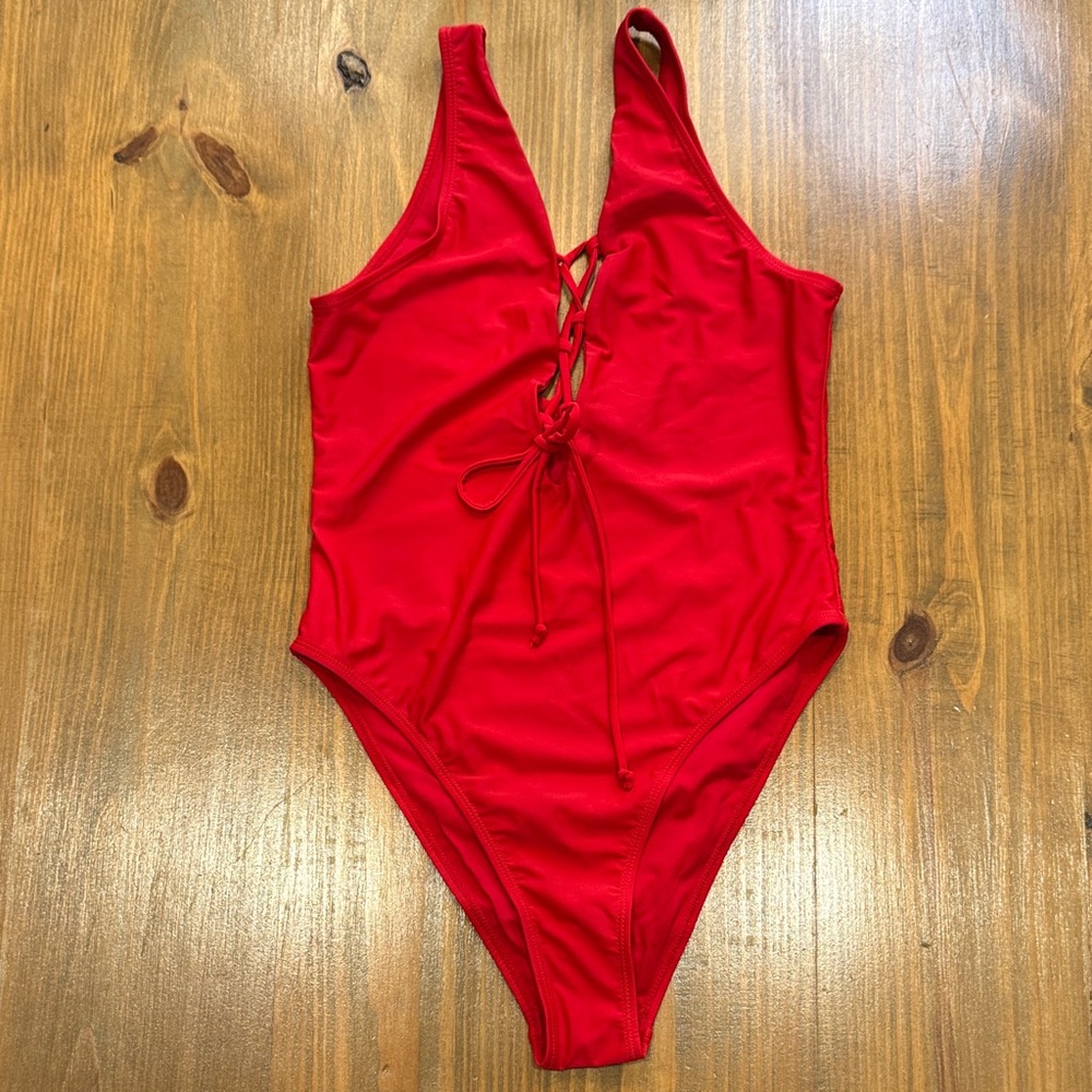 Shekini - Red lace up plunge women’s swimsuit 1 piece suit NWOT size medium swim